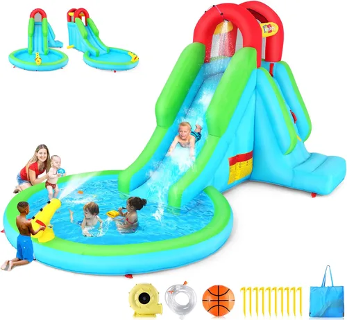 Tobogán acuático inflable para niños, parque acuático 5 en 1 con tobogán para húmedo y seco, toboganes acuáticos inflables de 13 x 8.3 x 7.1 pies