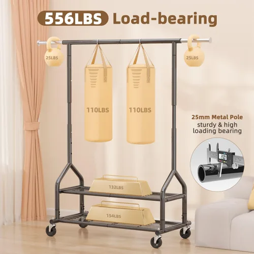 Miniatura 2 de EAGMAK Perchero de ropa resistente con capacidad de carga de 556 LBS, perchero rodante con estantes, colgador de ropa ajustable en altura con Negro