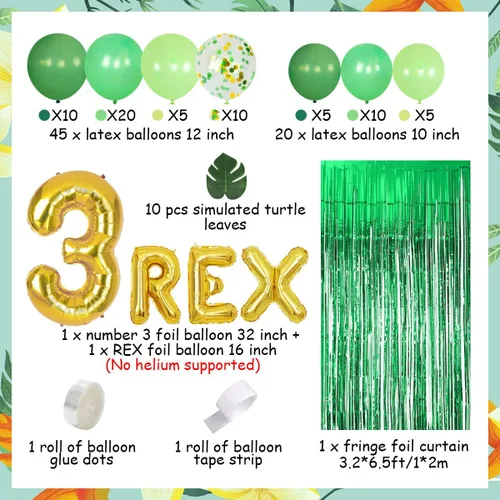 Miniatura 6 de Decoraciones de dinosaurio de tercer cumpleaños para niños, kit de guirnalda de globos de dinosaurio, 3 globos de aluminio REX, hojas artificiales
