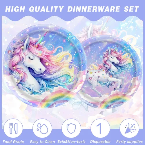 Miniatura 4 de Juego de 80 piezas de suministros para fiesta de Pegasus, diseño caprichoso de melena ombré y cuerno de arcoíris, incluye platos llanos, platos
