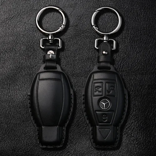 Miniatura 2 de Tukellen Funda para llavero Mercedes Benz de piel auténtica con llavero, protector de cuero compatible con C E M S CLS CLK GLK GLC G AMG Series Negro