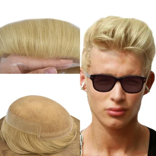 Miniatura 9 de Peluca de cabello humano para hombre, tupé de cabello humano suave para hombre, centro de encaje suizo suave, tupé adjunto con poliuretano alrededor