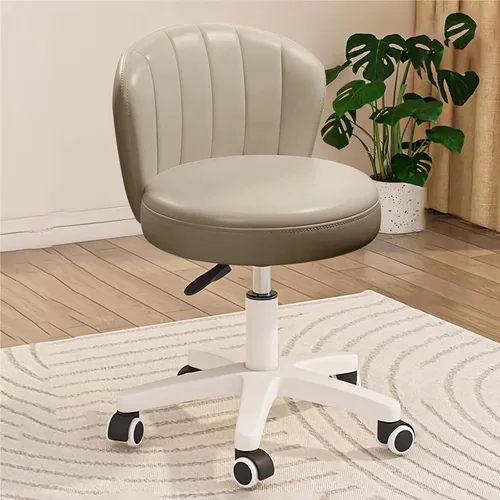 Silla de escritorio pequeña festoneada con respaldo, bonita silla de tocador enrollable sin brazos con piel sintética, cómodas sillas de oficina Gris