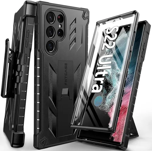 FNTCASE para Samsung Galaxy S22 Ultra: Funda con protector de pantalla incorporado y soporte con clip de cinturón, funda protectora de cuerpo