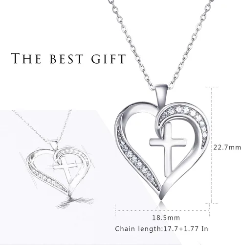 Miniatura 2 de MISSLAN Collar de cruz para mujer de plata de ley 925, collar de cruz de corazón para mujer, colgante de cadena para mujer, Plata