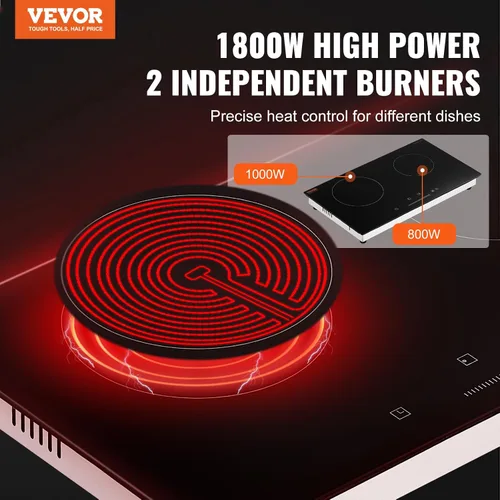 Miniatura 2 de VEVOR Estufa eléctrica radiante, 24 pulgadas, 2 quemadores, estufa eléctrica integrada, placa de cerámica de 1800 W con panel de vidrio, control