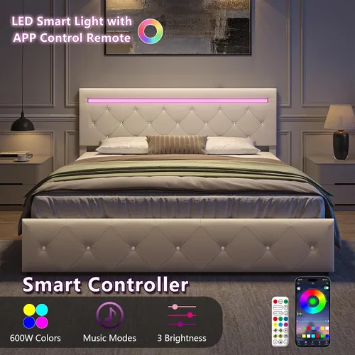 Miniatura 3 de Benevika Base de cama tamaño full con 4 cajones y luz LED, estación de carga, cama de plataforma de almacenamiento tapizada en cuero PU con cabecera