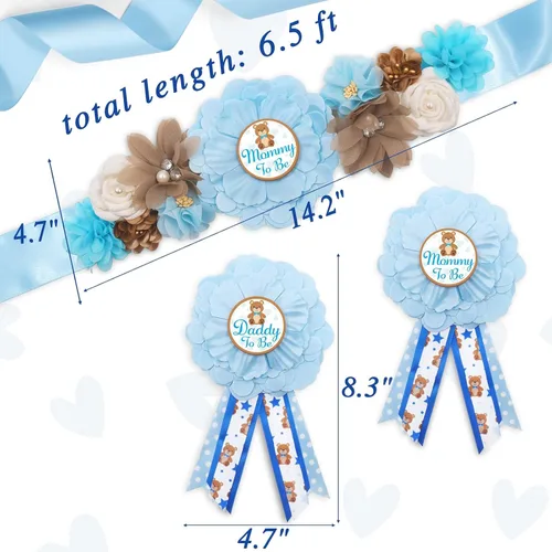 Miniatura 2 de Vansolinne Oso de peluche azul para maternidad, banda para mamá para ser y papá para ser ramillete, juego de alfileres para oso baby shower