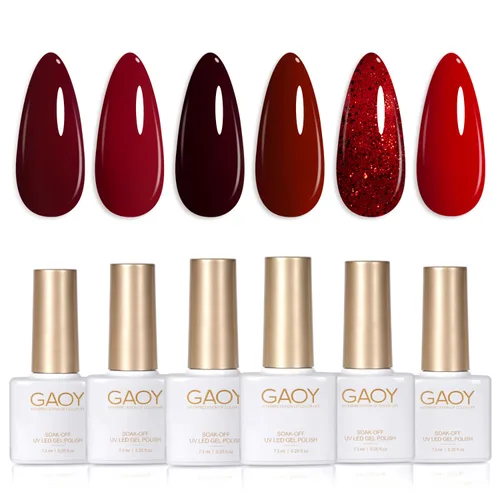 GAOY - Juego de 6 esmaltes de uñas en gel de color rojo borgoña, incluido el kit de esmaltes en gel de color rojo vino cereza oscuro con luz