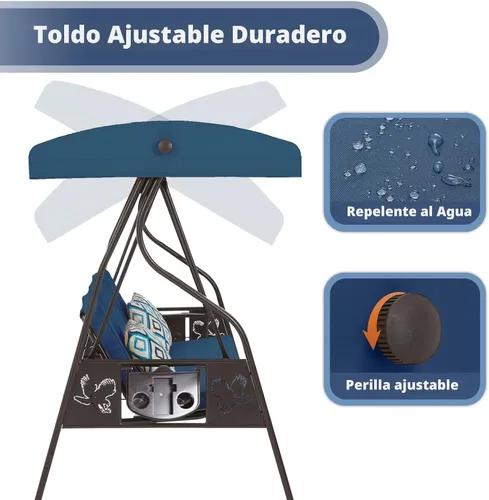 Miniatura 5 de ZZW Columpio de porche al aire libre de 3 asientos con soporte, columpio de patio con toldo, cama de columpio de porche 2 en 1 y silla columpio