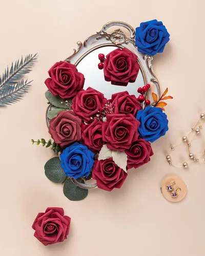 Miniatura 4 de DuHouse 25 rosas artificiales con tallos, flores de espuma de tacto real para bricolaje, ramo de boda, fiesta, centro de mesa, arreglo floral, Rojo