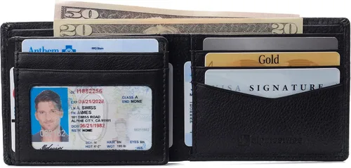 Miniatura 5 de Alpine Swiss RFID - Cartera de piel con 2 compartimentos para documentos de identidad, con ventana dividida, sección para billetes, en caja de regalo
