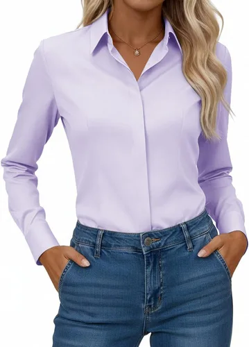 Miniatura 14 de Gleeivy Camisa con botones para mujer, solapa con botones ocultos, ligera, transpirable, resistente a las manchas, manga larga, trabajo e informal
