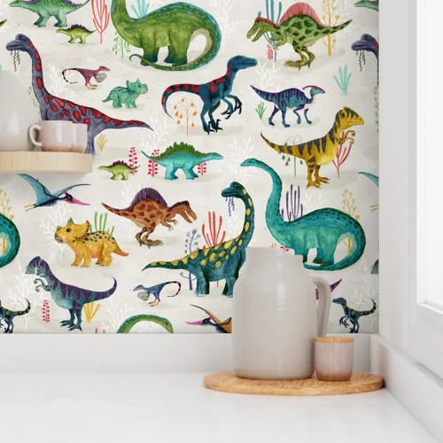 Miniatura 8 de Muestras de papel tapiz para despegar y pegar, dinosaurios, brillantes, grandes, verdes, para niños, rayas grises, dibujado a mano, dinosaurios