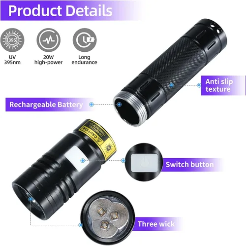 Miniatura 2 de DARKBEAM Linterna UV de 365 nm LED de luz negra, linternas ultravioleta, potente lámpara recargable USB -C Woods, resistente al agua enfocable