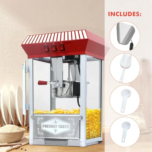 Miniatura 8 de Máquina comercial de palomitas de maíz con carrito y hervidor de 12 onzas, estilo vintage con ruedas de vidrio templado, plataforma de Rojo