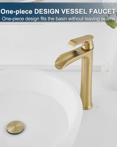 Miniatura 9 de Grifo para fregadero de recipiente, grifo de baño alto de latón en cascada, 1 manija, grifos dorados para mueble de baño, 1 agujero con drenaje