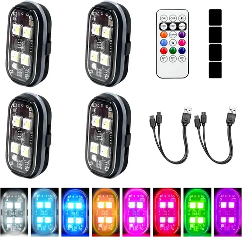 4 luces LED estroboscópicas inalámbricas de 4 LED, 8 colores de alto brillo, luz intermitente impermeable con control remoto, luz LED recargable de