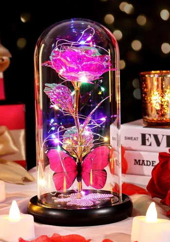 Miniatura 10 de Regalos de cumpleaños para mujer, rosa colorida con luz eterna en cúpula de cristal con mariposa, flores de Navidad para mamá, regalo de hija