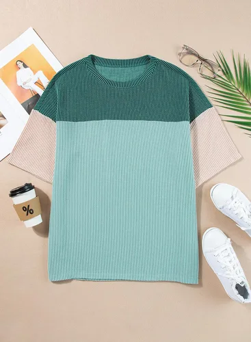 Miniatura 7 de EVALESS Camisetas de verano de manga corta con cuello redondo para mujer, bloque de color, ligeras