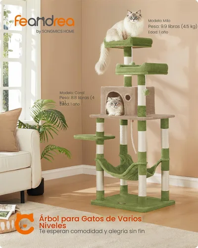 Miniatura 2 de Feandrea Árbol para gatos, torre para gatos de 56.3 pulgadas, condominio de felpa de varios niveles con 11 postes rascadores, 2 perchas, hamaca
