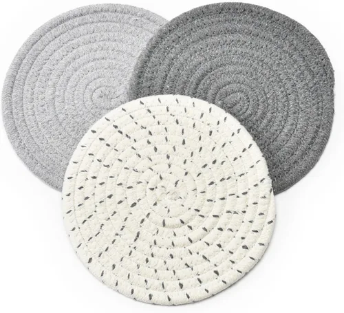 Miniatura 3 de Juego de agarraderas para ollas, juego de salvamanteles 100% algodón tejido de hilo, juego de 3 elegantes posavasos, almohadillas para el calor, Gris