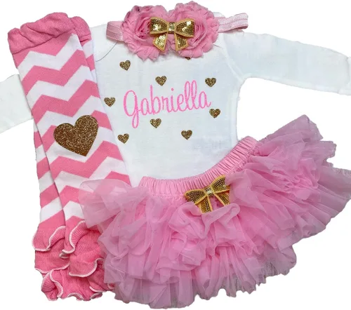 Miniatura 6 de Traje personalizado de baby girl para baby shower, con nombre personalizado con purpurina y corazón, tutú con diadema y calentadores de piernas