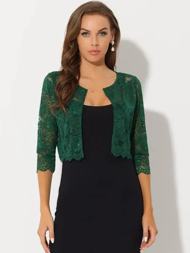 Miniatura 2 de Allegra K Cárdigan de encaje para mujer, frente abierto, con encaje, elegante, transparente, floral, recortado, bolero, tops de encaje