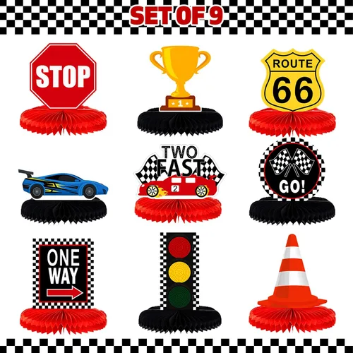 LINGTEER Race Car Two Fast Birthday Table Honeycomb Centros de mesa – 9 piezas Let's Go Racing Happy 2nd Birthday Party Decoración de mesa