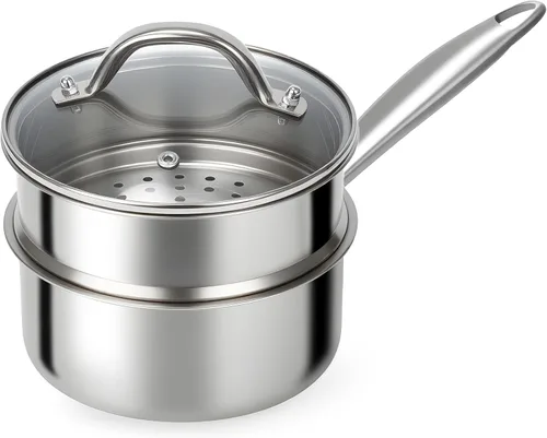Ohtomber Cacerola de Acero Inoxidable - Vaporera Tri-Ply de 1.5 Cuartos para Cocinar, Olla Pequeña de Cocción con Canasta Vaporera, Cacerola con