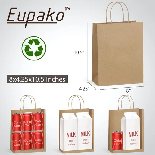 Miniatura 4 de Eupako Bolsas de papel de 8 x 4.25 x 10.5 pulgadas, 100 bolsas de regalo de papel kraft marrón con asas a granel para compras, recuerdos de fiesta