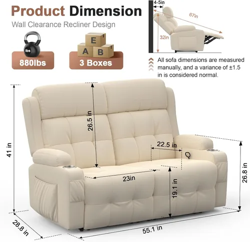 Miniatura 2 de Sofá reclinable de dos plazas, sofá reclinable de masaje de gran capacidad, silla de dos plazas para RV con espacio de almacenamiento, portavasos