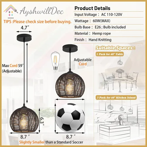 Miniatura 4 de Ayshwill Dec Lámpara de araña negra tejida estilo boho de ratán y mimbre con cúpula, lámpara colgante para comedor, dormitorio, isla de cocina