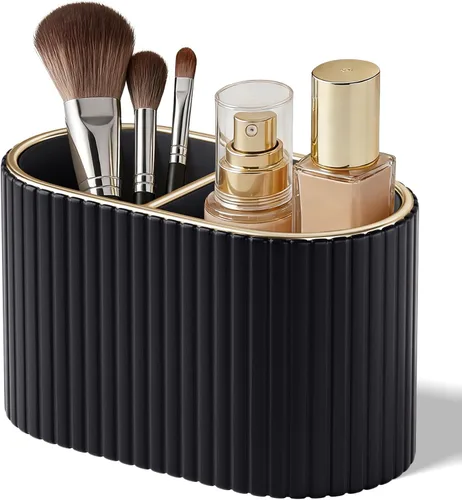 KINGFOM Organizador de brochas de maquillaje con divisor, soporte de piel sintética para encimera de baño y tocador, organizador de almacenamiento