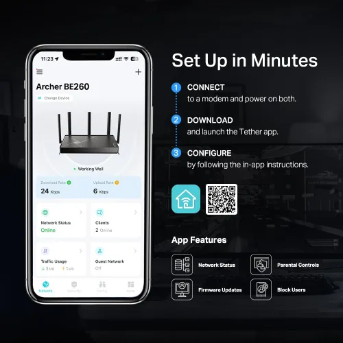 Miniatura 7 de TP-Link Dual-Band BE5000 WiFi 7 Router Archer BE260 5-Stream 5Gbps 1×2.5G WAN+1×2.5GLAN+3×1G Ports, USB 3.0 5 Antenas Externas Clientes