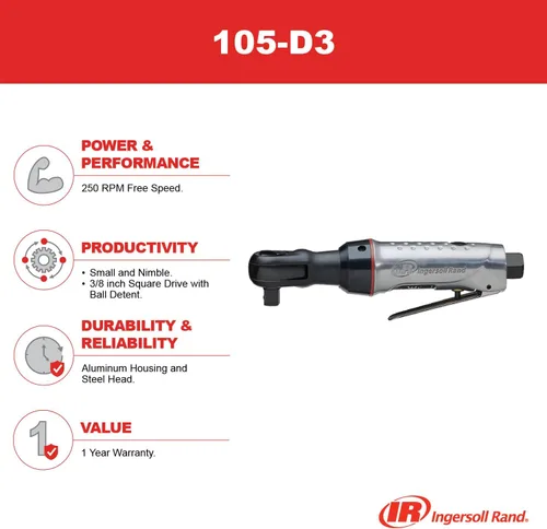 Miniatura 2 de Ingersoll Rand 105-D3 3/8" Llave de carraca neumática, transmisión de 3/8