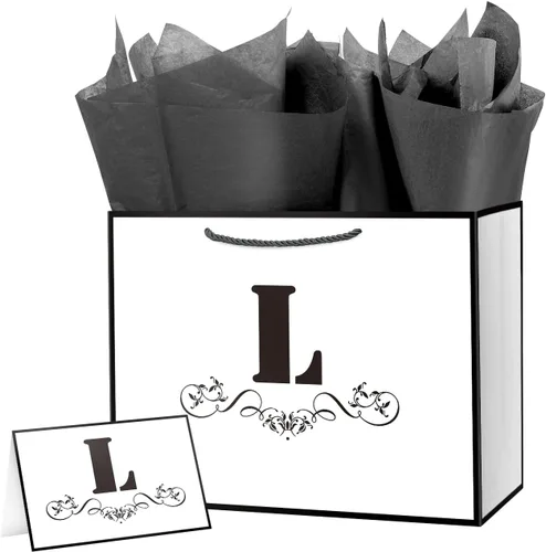 Miniatura 46 de ysmile Bolsa de regalo de letras con papel de seda para hombres, bolsa grande de 12 pulgadas, color blanco y negro, para cumpleaños, aniversario