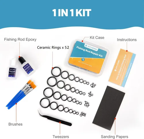 Miniatura 3 de Kit de reparación de caña de pescar, reparación de ojales de caña de pescar con inserciones cerámicas y ojos, incluye 52 anillos de guía y 33 EU