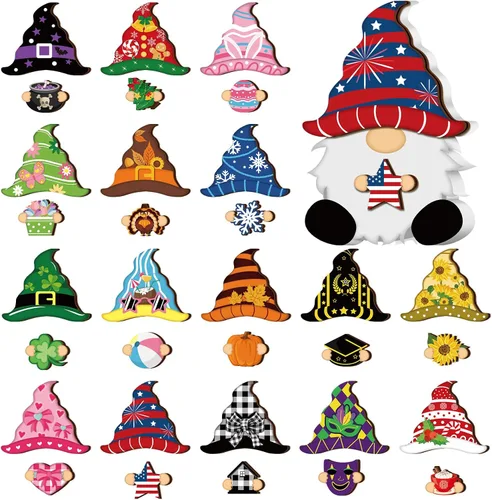 Miniatura 8 de Qunclay 33 piezas intercambiables de gnomo de madera para decoración de verano del 4 de julio, decoración patriótica de gnomo con imán y sombreros