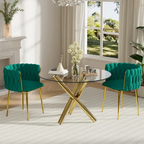 Miniatura 36 de Juego de mesa redonda dorada para 4, juego de mesa de comedor de 39'' con tapa de vidrio transparente, juego de mesa de cocina circular moderna de 5