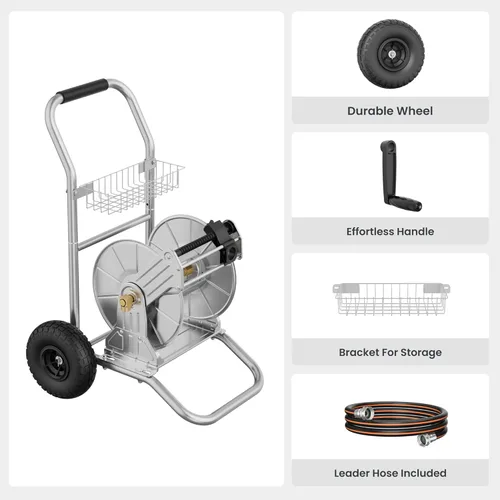 Miniatura 2 de Carro portamangueras de jardín Giraffe Tools con ruedas, carrito de manguera de agua de acero inoxidable resistente, capacidad de 200 pies de 1/2