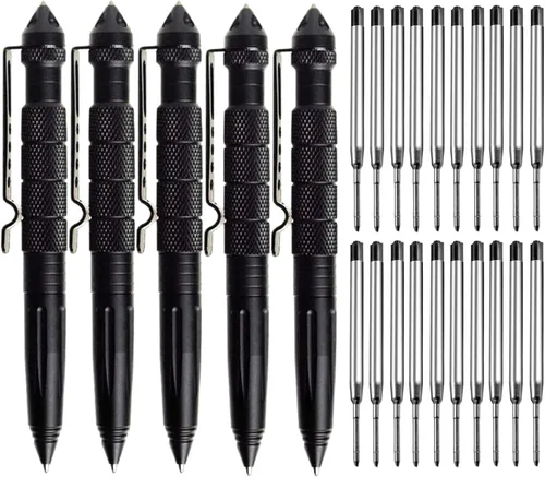 Miniatura 8 de Bolígrafo táctico militar de acero de tungsteno, paquete de 2 unidades de autodefensa de emergencia con 8 recambios de bolígrafo negro