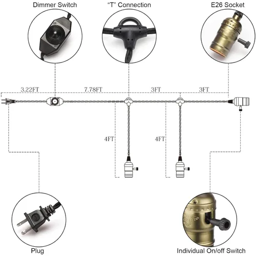 Miniatura 3 de Kit de luz colgante vintage con interruptor de atenuación y triple E26/E27 soporte de lámpara de enchufe de luz industrial de 25 pies de tela negra