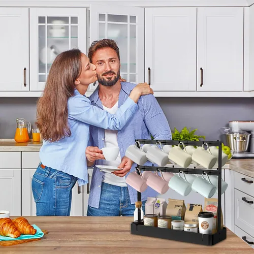 Miniatura 6 de RCHYFEED Soporte para taza de café para encimera, organizador de tazas de aleación de aluminio con 16 ganchos móviles, soporte de árbol de 2 niveles