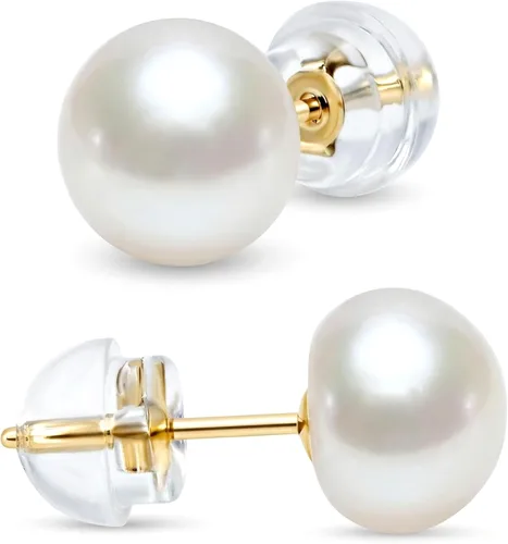 Miniatura 11 de KEZEF Aretes de perlas para mujer, oro real de 14 quilates, perlas cultivadas de agua dulce con mariposa dorso de oro de 14 quilates con silicona