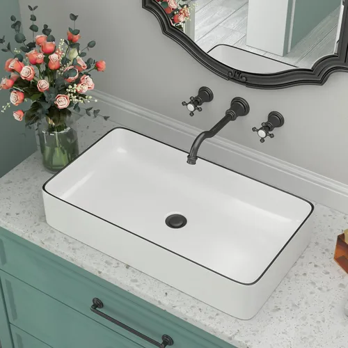 Miniatura 19 de Fregadero de baño de porcelana de cerámica rectangular de 24 x 14 pulgadas sobre mostrador, lavabo de arte blanco y negro