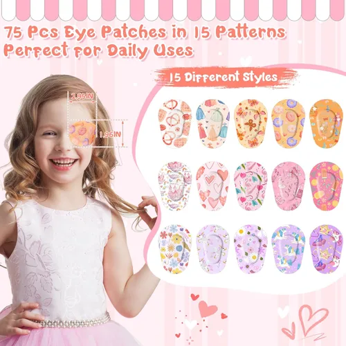 Miniatura 2 de 75 parches para ojos para niños, 15 estilos lindos, parches adhesivos de algodón suave y transpirable para ambliopía y ojo vago, vendajes