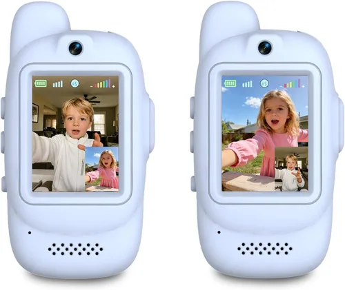 Walkie Talkies de video para niños, paquete de 2 walkie talkies de video recargables, cámara HD, cambiador de voz, para diversión familiar, Azul y