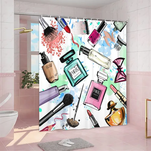 Miniatura 2 de JAWO Cortinas de ducha cosméticas para mujer y niña, elegante perfume de acuarela y lápiz labial, juego de cortinas de baño de tela con ganchos, Azul