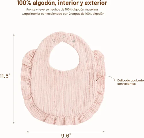 Miniatura 6 de Konssy Baberos de Muselina para Bebé para Niñas – Baberos Suaves de 100% Algodón para Babear, Ribete de Volantes para Recién Nacidos y Niños Rosa